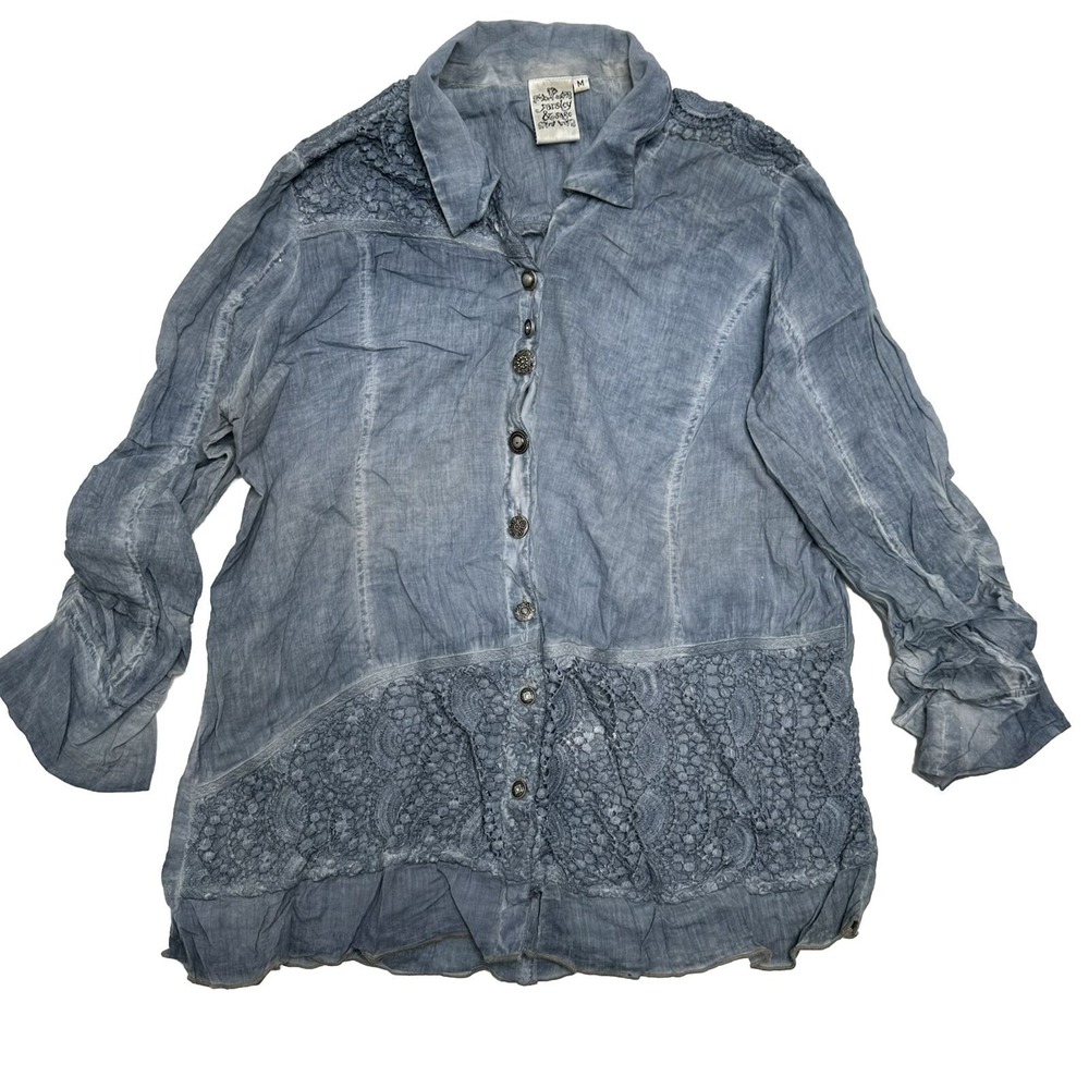 Parsley & Sage Embellished Button Up Blue Lace Overlay Shirt Blue‎ Size Medium